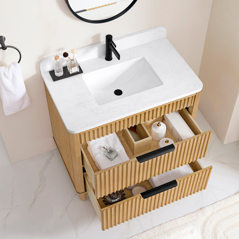 Meuble-lavabo simple 36 po Mumbai, Noir mat, 36", Chêne brun clair patiné