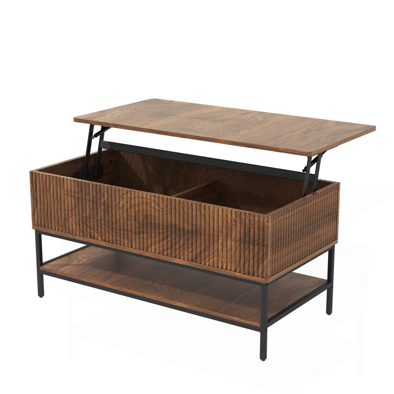 Table basse à plateau relevable rectangulaire de 39,4 pouces de style campagnard avec rangement caché et tablette inférieure, pieds en acier robustes, assemblage facile pour le salon, brun rustique