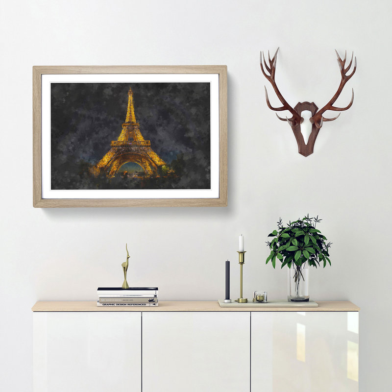 The Eiffel Tower in France at Night - Picture Frame Painting Print, 45cm H x 63cm W x 2cm D, Oak Framed