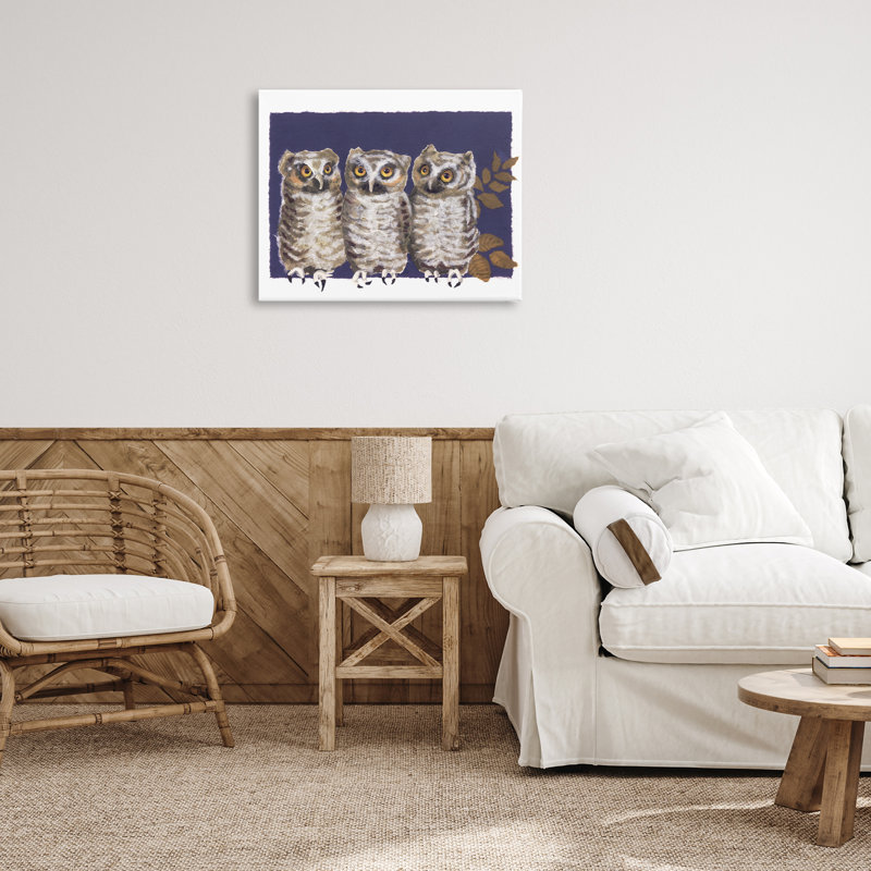 «Owl Trio & Leaves», art mural sur toile par Nancy Overton, H 24 po x l 30 po