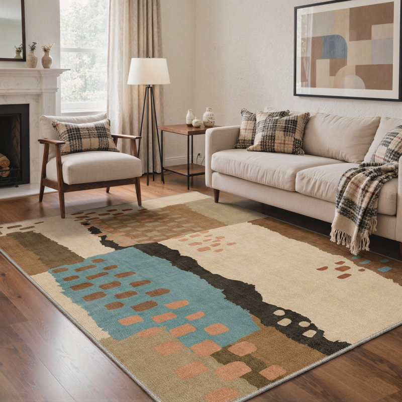 Geometric Machine Washable Brown / Beige Indoor Runner Rug with Non-Slip Backing, Rectangle 8' x 10'