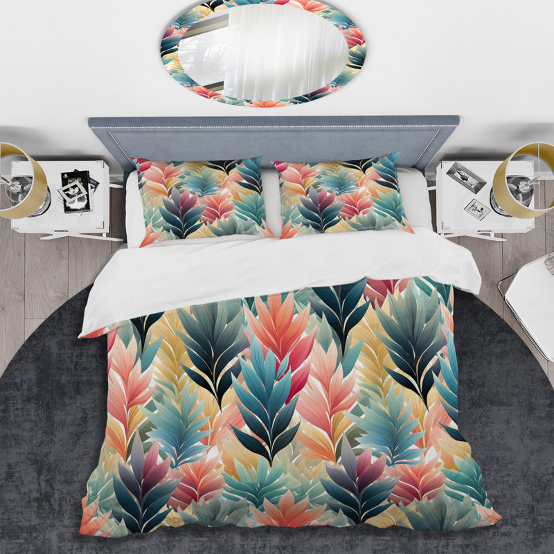 Coral And Green Enchanted Ferns Chevron Pattern - Ensemble de housse de couette à motif floral