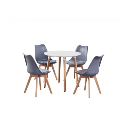 Christy 4 Person Dining set - a Round Plastic Dining Table with Wooden Legs and a Set of 4 Faux Leather Cushion Padded Dining Chairs for Dining Room - Modern Dining Table Set