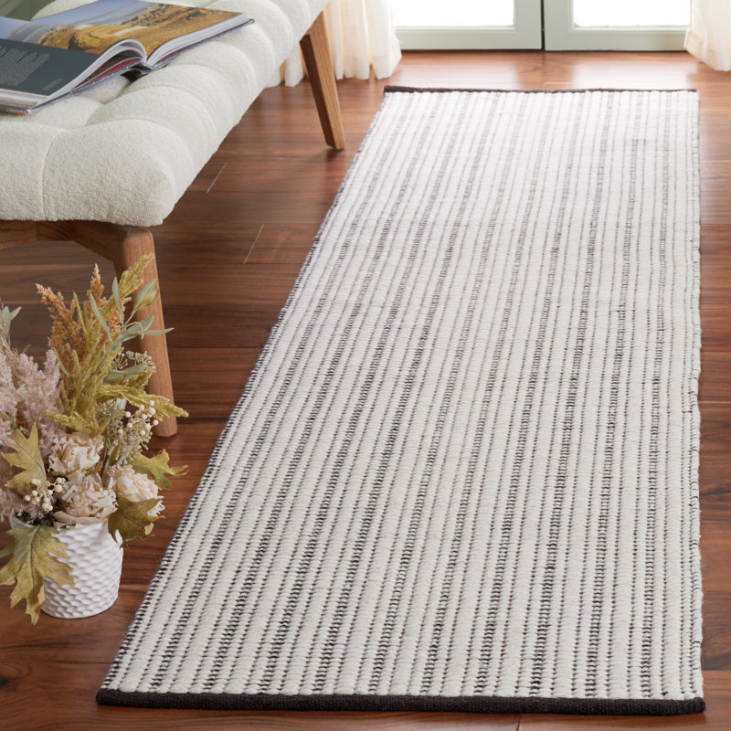 909 Hand Woven Cotton/Wool Striped Rug in Brown/Ivory, Runner 2'3" x 8'