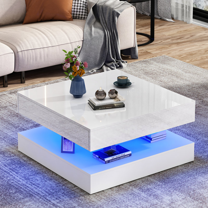Table basse 33,9 "à DEL avec rangement, table de salon moderne ultrabrillante avec 2 tiroirs, grande table centrale carrée à double couche 