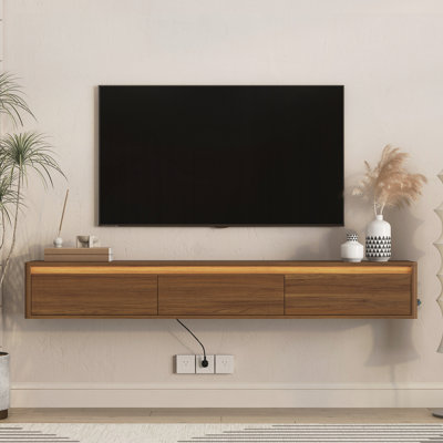 Floating TV Stand, Wall Mounted TV Shelf with Led Lights and Power Outlet for Living Room