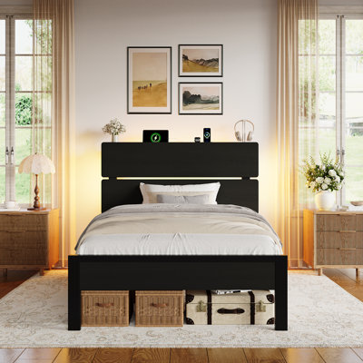 Storage Platform Bed Frame with Open Headboard Storage Shelves, LED Lights & Built-In Charging Station,Twin Full Queen King Size, No Box Spring Needed