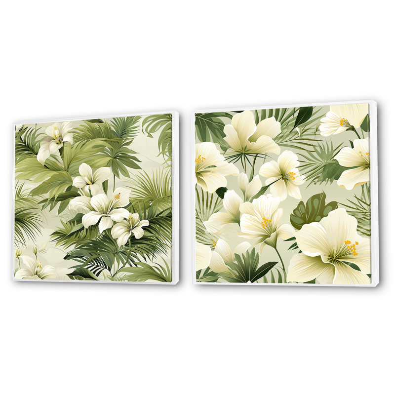 Ensemble de 2 collages carrés à motif tropical Tranquil Oasis, Cadre flottant blanc, H 16 po x l 33 po