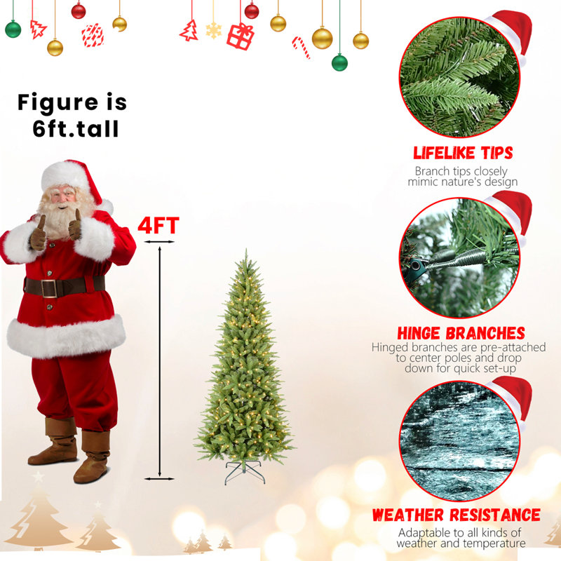 Arbre de Noël mince de 7 pi avec 400 lumières DEL chaudes - 1180 pointes en PE + PVC, conception à charnières peu encombrante, installation facile, support en métal robuste - arbre à crayons réaliste pour les petits espaces