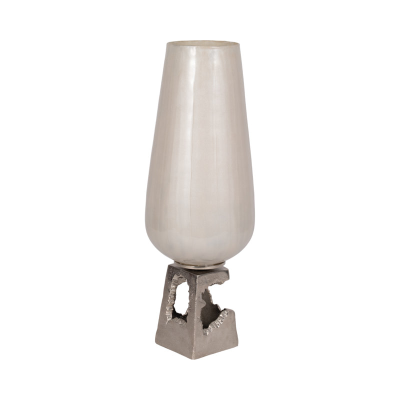 Fatihah Glass and Metal Aluminum Vase with Sculptural Base - Contemporary Decorative Design Featuring Sleek Glass Body and Artistic Textured Cast Metal Stand for Modern Interiors