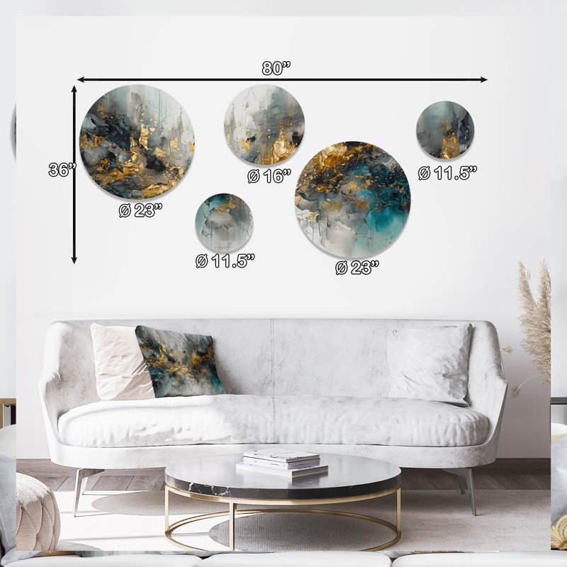 Ensemble de 5 décorations murales abstraites et contemporaines en or gris