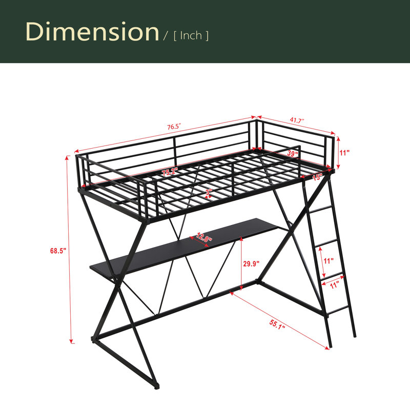 Lit mezzanine simple avec bureau, échelle et garde-corps pleine longueur, structure en forme de X