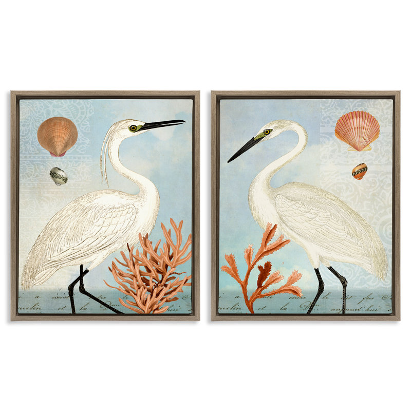 «Beach Beach» par Heron Egret, ensemble de 2 toiles flottantes encadrées par Susan Arnot, Cadre flottant orme Montalcino