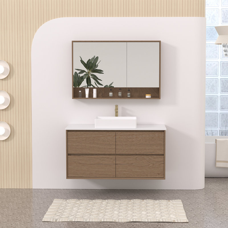 Meuble-lavabo mural simple 48 po avec comptoir en quartz blanc et lavabo en céramique, chêne naturel