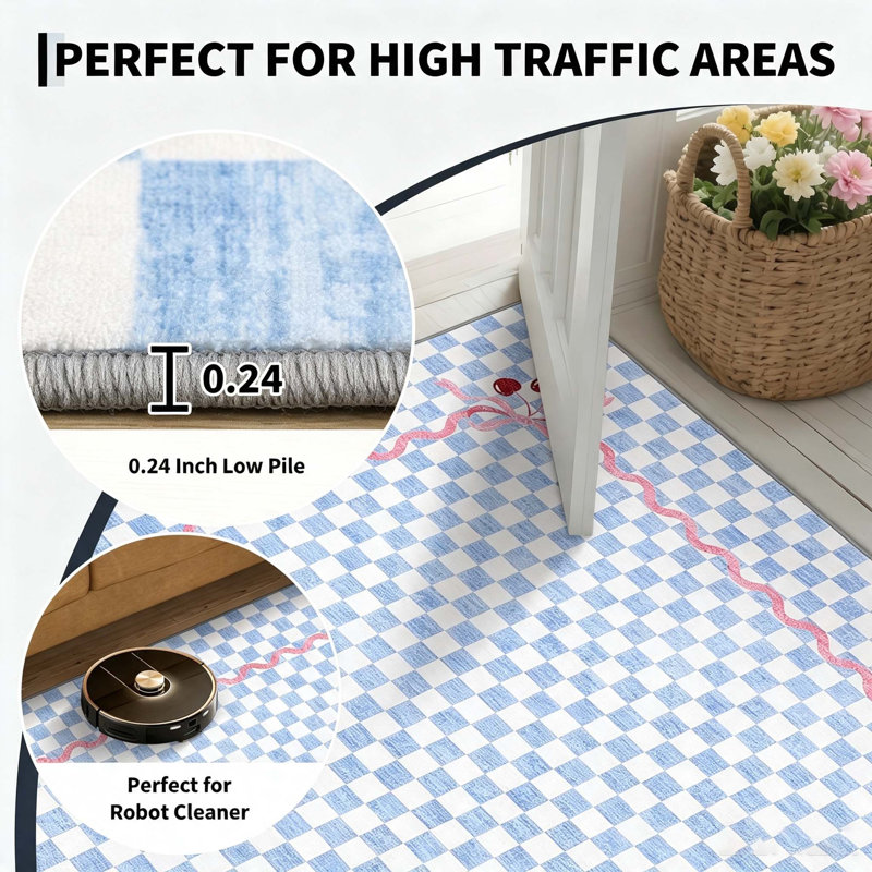 Tapis lavable en faux cerisier Coquette Gingham Cherry avec envers antidérapant, Blue, 10 x 13 pi