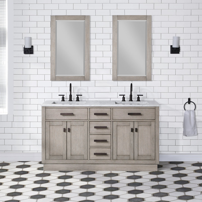 Chestnut 60" Carrara White Marble Countertop Bath Vanity with Mirror, Gray Oak