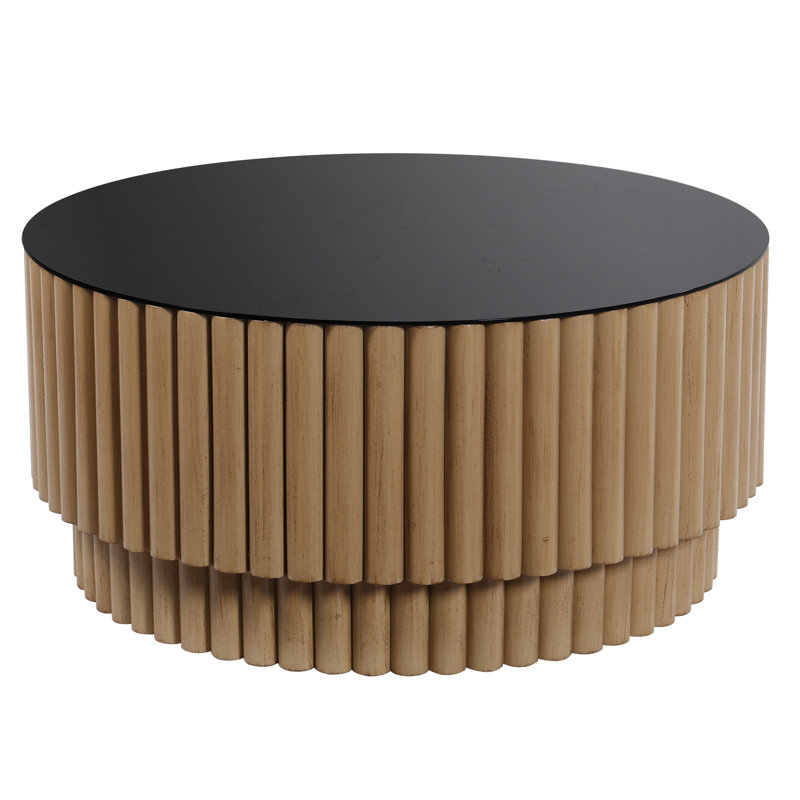 Table basse cannelée cannelée - Base en pin naturel - Plateau en verre noir