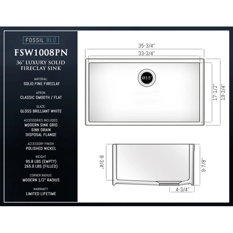 Luxury 36-Inch Solid Fireclay Farmhouse Sink, Flat Front, Polished Nickel Accessories