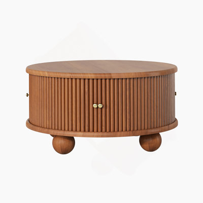 Table basse ronde cannelée avec rangement, bois de pin massif, porte coulissante, noyer, 31,8 po