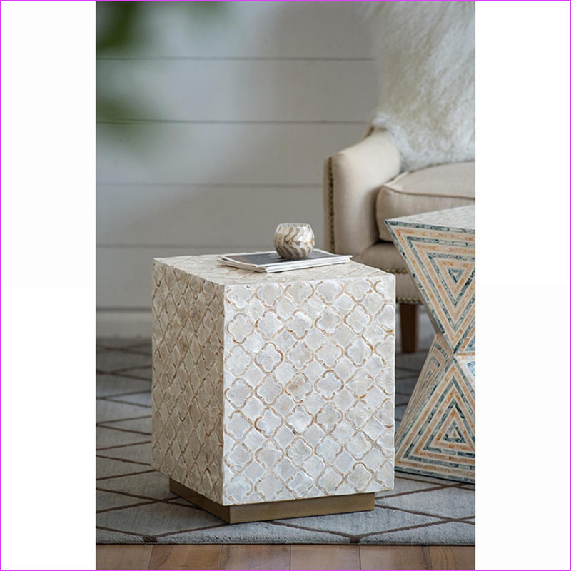 Tabouret décoratif moderne de 14 po x 14 po x 18 po carré pour salon / table d'appoint | Crème | Panneau de fibres à densité moyenne, Capiz