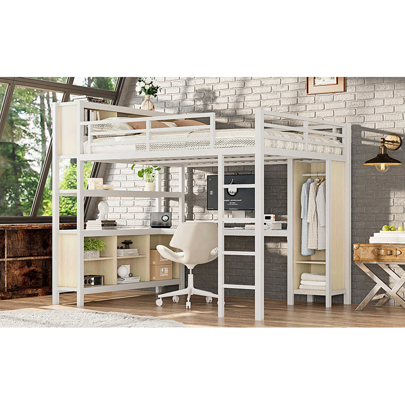 Lit mezzanine en métal avec garde-robe et bureau en L, lit mezzanine avec cubes de rangement et tablettes, lit mezzanine robuste