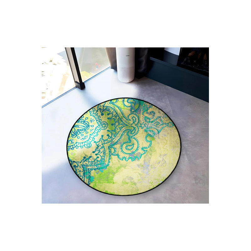Green Blue Moroccan Ethnic Area Rug, Round 2'8"