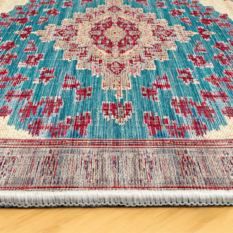 Gulustan Blue Red Beige Oriental Machine Printed Cotton Polyester Area Rug, Rectangle 6'7" x 9'11"