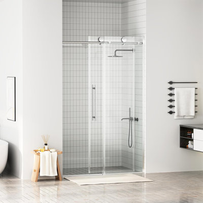 Yingze 48" x 75" Frameless Sliding Shower Door, 5/16" (8mm) Tempered Glass Shower Enclosure with Nano Coating, Easy-Clean & Soft-Close Design, Stainless Steel Hardware, Matte Black