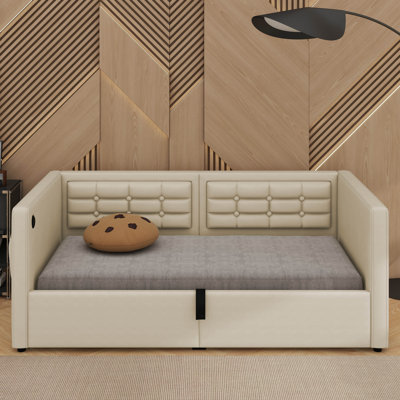 Upholstered Twin Size Daybed, Hydraulic Storage Twin Bed Frame With USB & Type-C Charging, Bed Frame With Wooden Slats And Tufted Sofa Back
