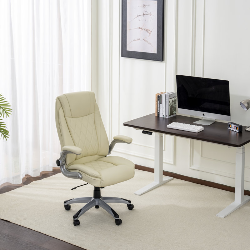 Ergonomic Executive Office Desk Chair With Flip-Up Armrests And Lumbar Support Beige, Beige