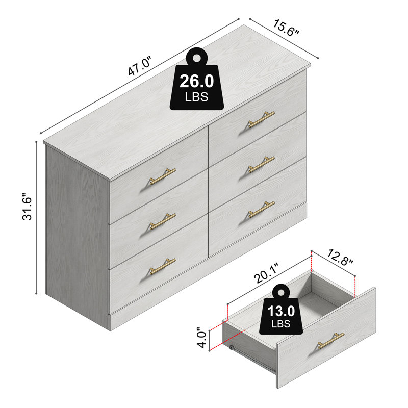 Mouton Modern 47"W 6 Drawer Dresser, Antique White Oak