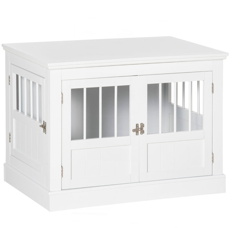 Table de bout pour chien avec portes triples, cage à chien en bois pour l'intérieur, cage pour chiots et tubes en acier, pour petits chiens, blanc