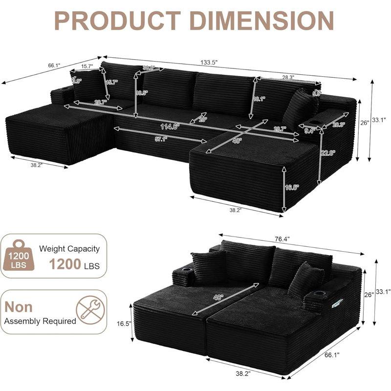 Très grand canapé désossé avec méridienne avec nuage, canapé modulaire moderne avec assise profonde, canapé rembourré en velours côtelé en U pour le salon, aucun assemblage requis