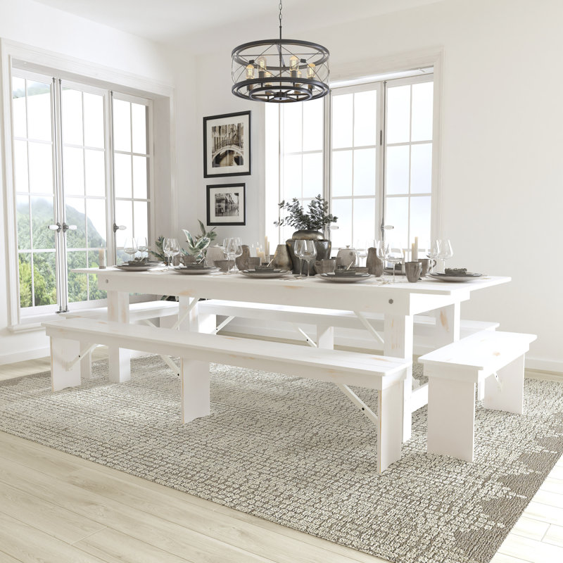 Donashia Antique Rustic White Folding Farm Table, 29.75" H x 108" W x 40" D, 5 Pieces: Table, 4 Chairs
