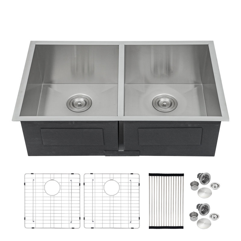 Évier de cuisine encastrable en acier inoxydable de calibre 16 L 33 po x l 22 po, double cuve 50/50 avec grilles d'évier, crépine et support à enrouler