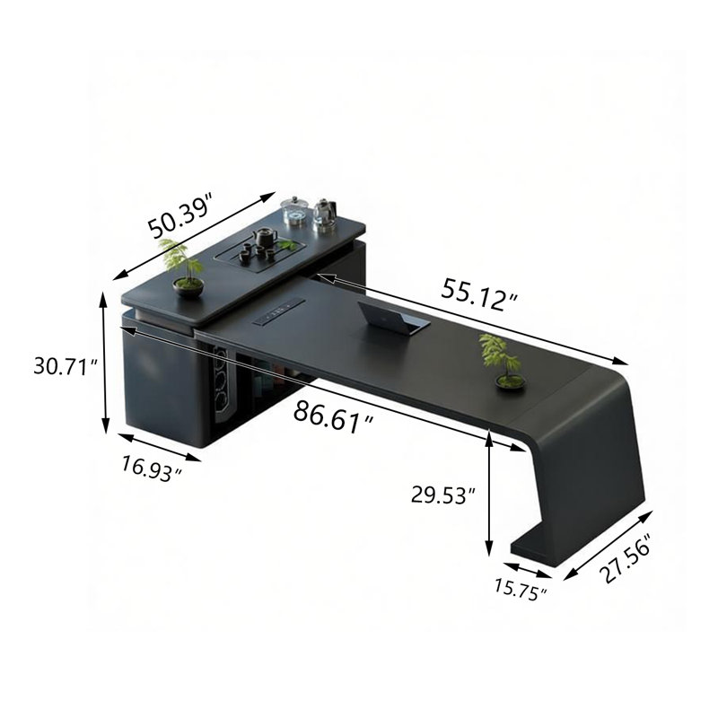 Table de bureau 86,61 "haut de gamme en granit noir, H 30,71 po x l 86,61 po x P 50,39 po