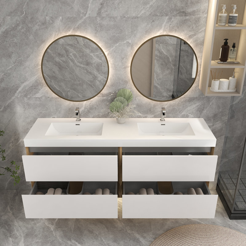 70.4'' Double Bathroom Vanity with Plastic Top, Glossy White