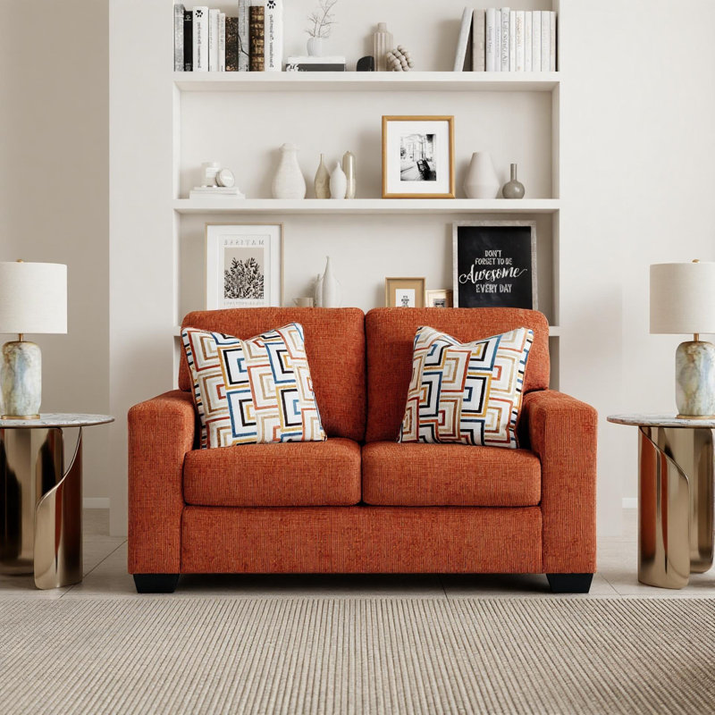 Beckette Contemporary Plush Loveseat with Accent Pillows, Rust Terra Chenille Upholstery