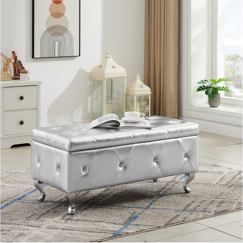 Silver PU Upholstered Storage Bench with Padded Seat