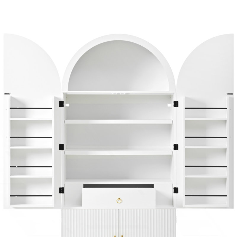 Garde-manger arqué avec 8 tablettes de porte, armoires de rangement cannelées avec 3 tablettes réglables, Blanc