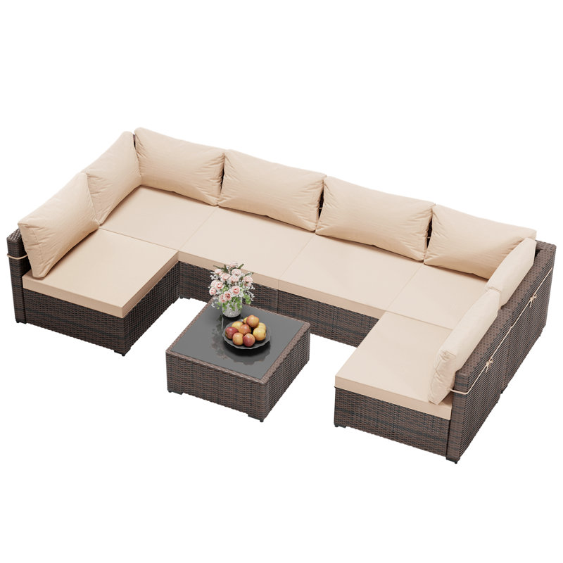 7-Piece Outdoor Rattan Seating Set with Cushions, Beige