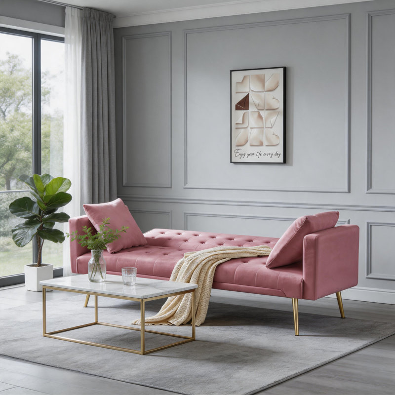 Pink Velvet Convertible Futon Sofa Bed, Tufted Sleeper Couch with Gold Legs for Living Room
