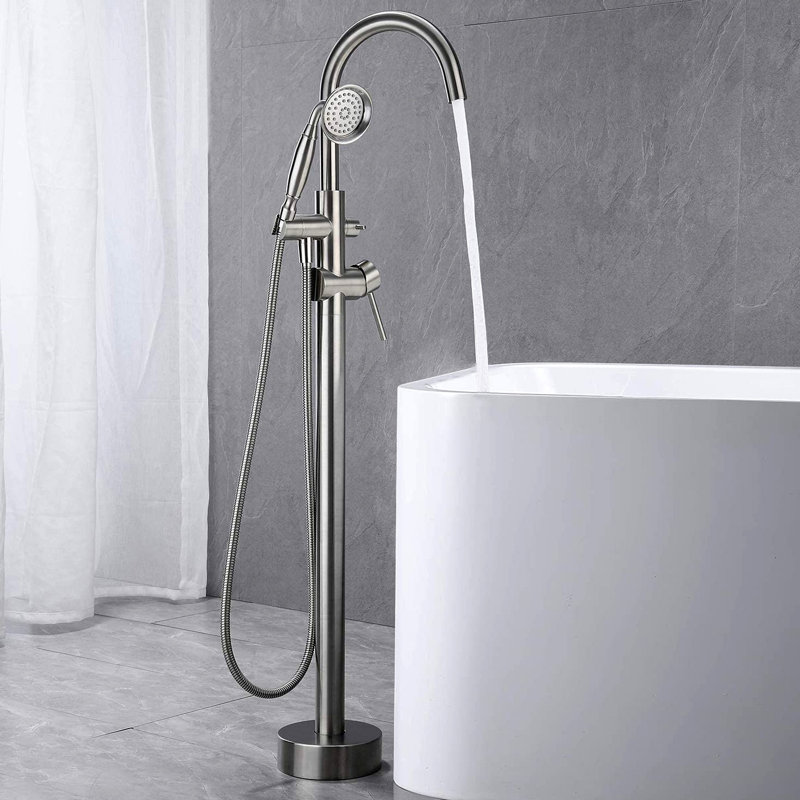 Freestanding Bathtub Faucet With Handheld Shower  40.12" High Swan Neck Spout  Solid Brass  For Clawfoot Tub, Brushed Nickel