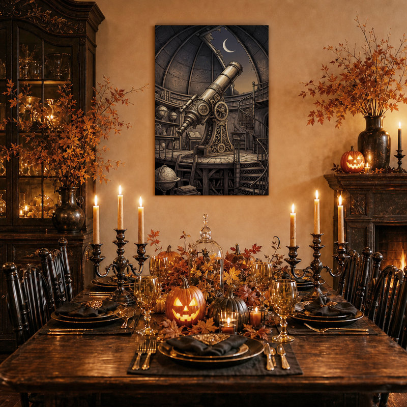 Télescope en laiton sous le dôme de l'observatoire, sous une toile murale d'Halloween, 48"H x 32"W