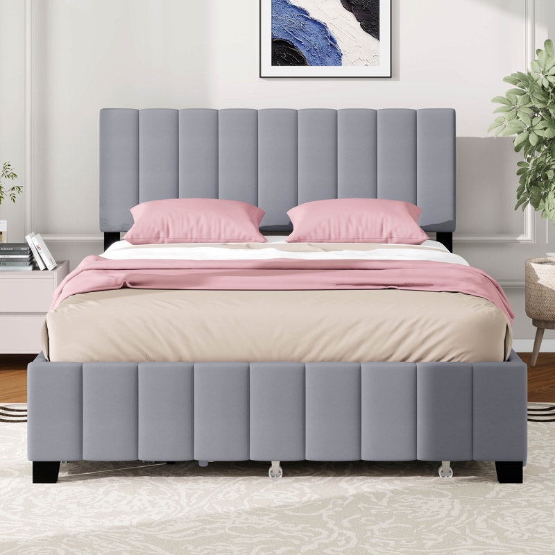 Grand lit plateforme tapissier en velours avec 2 tiroirs et 1 lit gigogne simple, structure de lit en bois, Gris