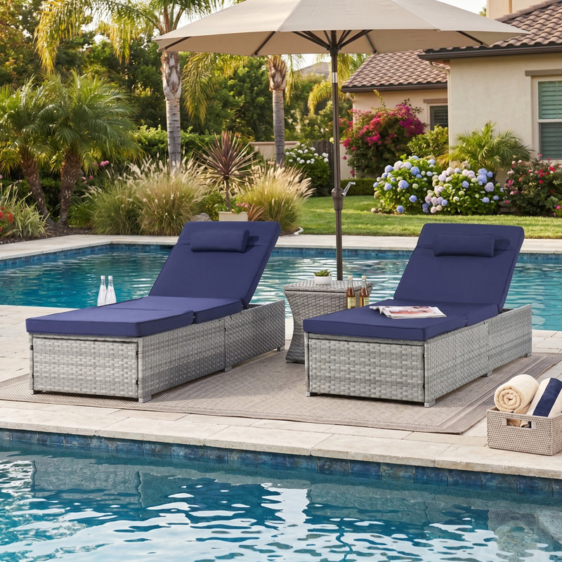 Outdoor Chaise Lounge Chair, Patio Chaise Lounge with 5-Position Backrest, Rattan Outdoor Lounge Chair with Cushion for Poolside, Backyard, Garden