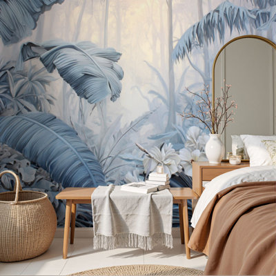 Papier peint adhésif à motif de feuilles tropicales à motif d'aquarelle Jungle tropicale bleu blanc H 69 po x l 96 po, papier peint amovible en PVC, adhésif pour chambre à coucher, bureau à domicile