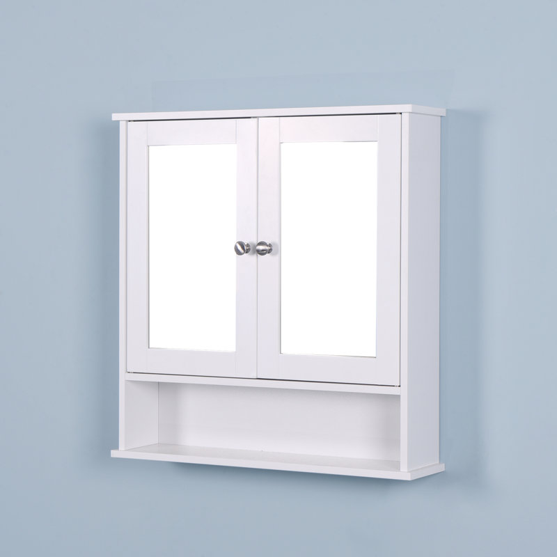 White Wall Mounted Bathroom Cabinet With 2 Mirror Doors And Adjustable Shelf