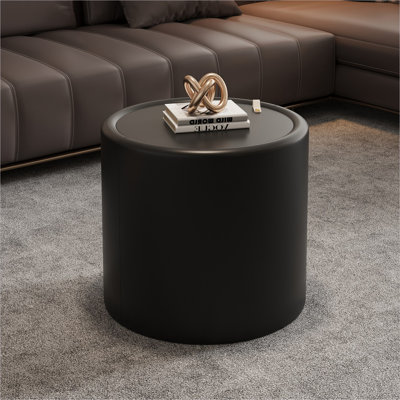 Table basse ronde noire de jais avec plateau en verre trempé et corps en similicuir de 19,69 po de diamètre