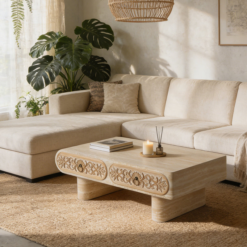 Table basse à bord arrondi avec tiroir en bois massif à motif floral, table basse pour salon, bureau